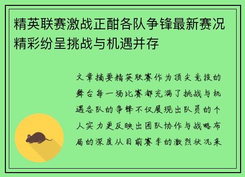 精英联赛激战正酣各队争锋最新赛况精彩纷呈挑战与机遇并存