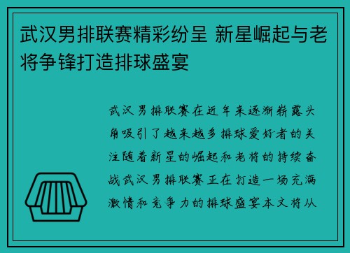 武汉男排联赛精彩纷呈 新星崛起与老将争锋打造排球盛宴