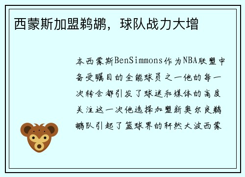 西蒙斯加盟鹈鹕，球队战力大增