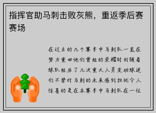 指挥官助马刺击败灰熊，重返季后赛赛场